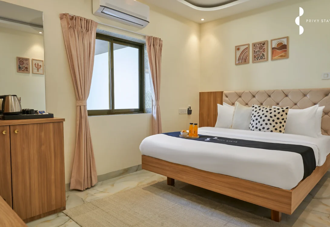 Romantic stay room near Nagaon Beach with modern interiors