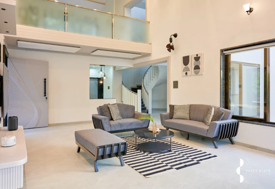 Stylish living room setup in a private villa near Alibag-Mandwa Jetty